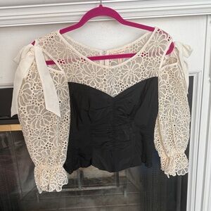 Rebecca Taylor Black Silk and Cream Lace Blouse